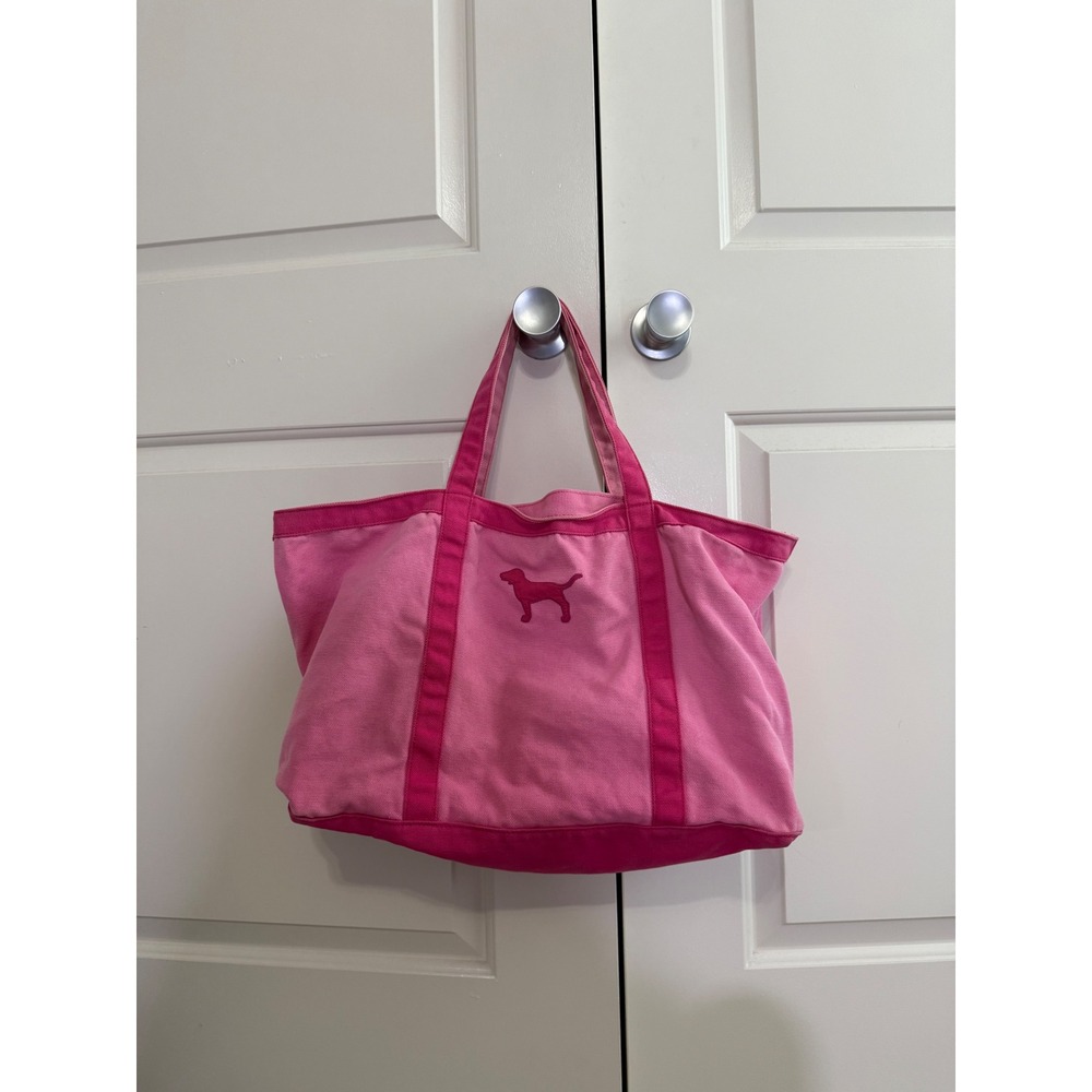 Y2K Victoria's Secret PINK Tote Bag 2000s Pink Canvas Dog Charm Beach Gym Bag
